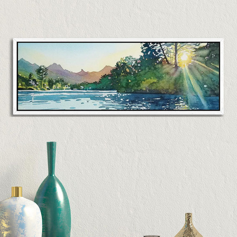 Spring Sunshine - Malibou Lake by Luisa Millicent - Panoramic Painting on Canvas, 30.48cm H x 91.44cm W x 3.81cm D