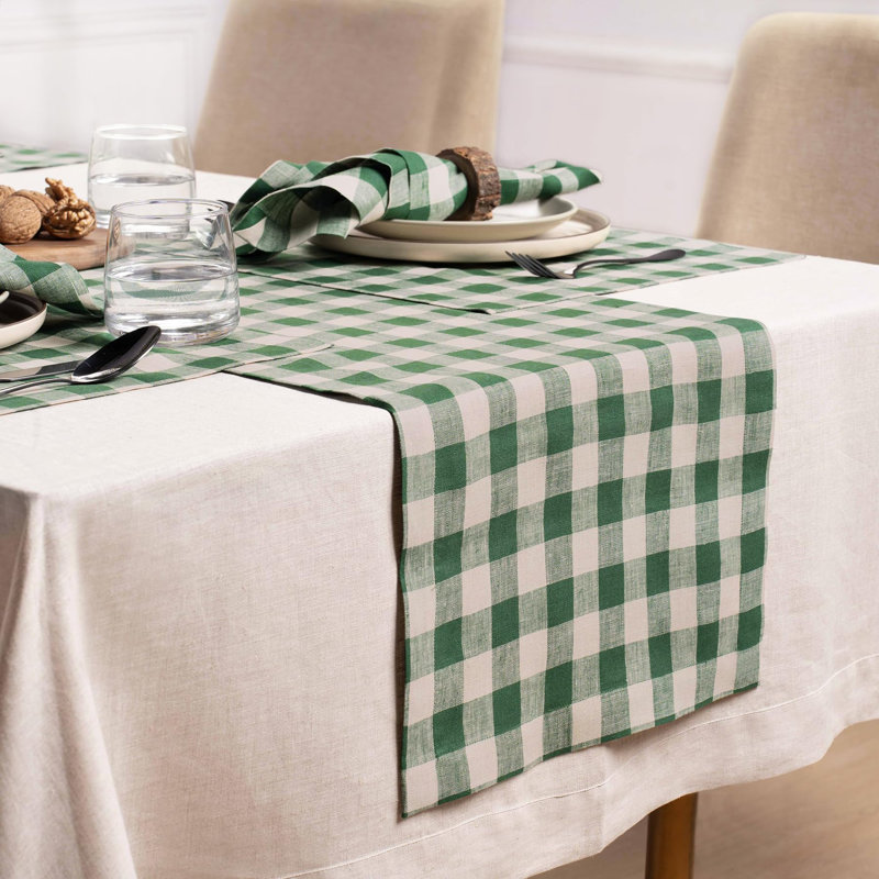 Morgan Check - 100% Pure Linen Table Runner, 120" x 14", Green/Natural