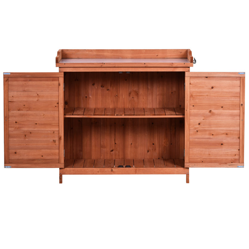 Banc de rempotage 39 po pour l'extérieur, orange avec plateau de table galvanisé, 2 tablettes et crochets latéraux, poste de travail de jardin, orange, tablettes et tablette