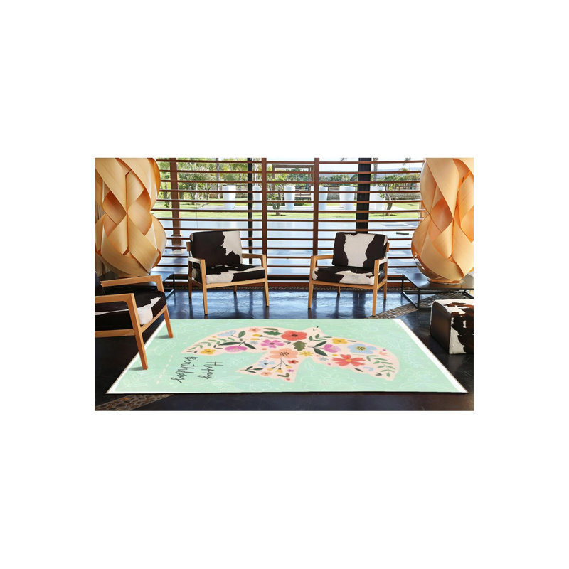 Tapis multicolore à motif de joyeux anniversaire à motif d'oiseaux et de fleurs avec motif décoratif frangé et lavable à la machine