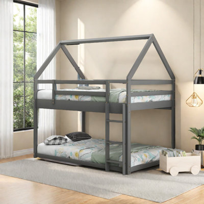 Modern Low Bunk Beds, Pine Wood Twin House Design For Family