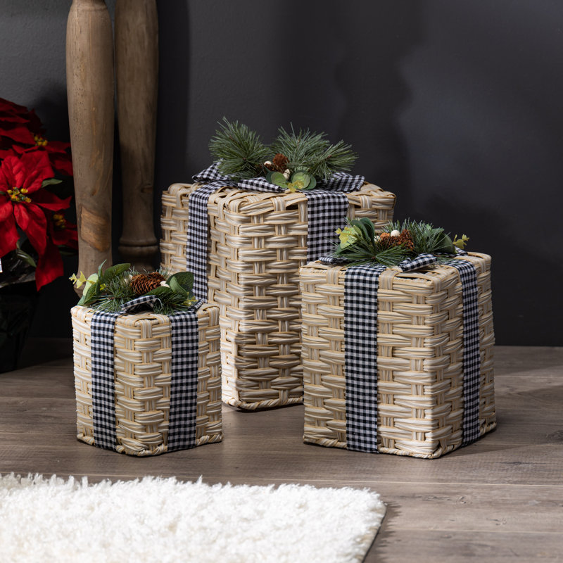Woven Design Nested Box Décor With Pine Cones And Bow Set Of 3