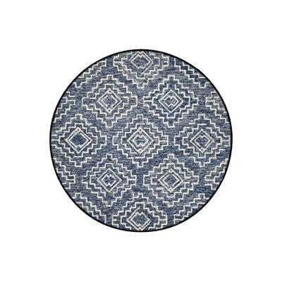 Round Navy Distressed Ethnic Patterned Woven Base Modern Decorative Machine Washable Rug