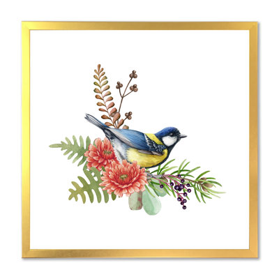 " Blue Big Tit Bird With Flowers " Painting Print