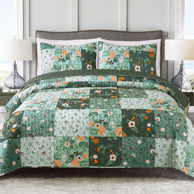 Ensemble de literie courtepointe réversible pour lit de grande taille avec couvre-lit à motif floral imprimé (1 courtepointe, 2 taies décoratives)