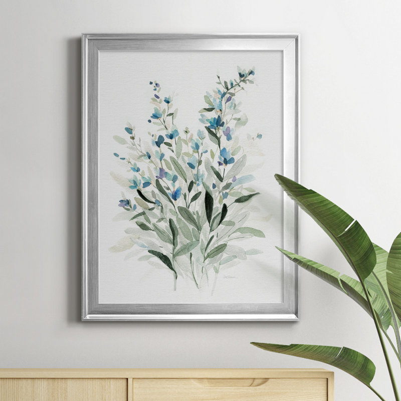 «Delicate Blue Botanical I», peinture sur toile encadrée, H 18,5 po x l 24,5 po x P 1,5 po, Cadre argenté
