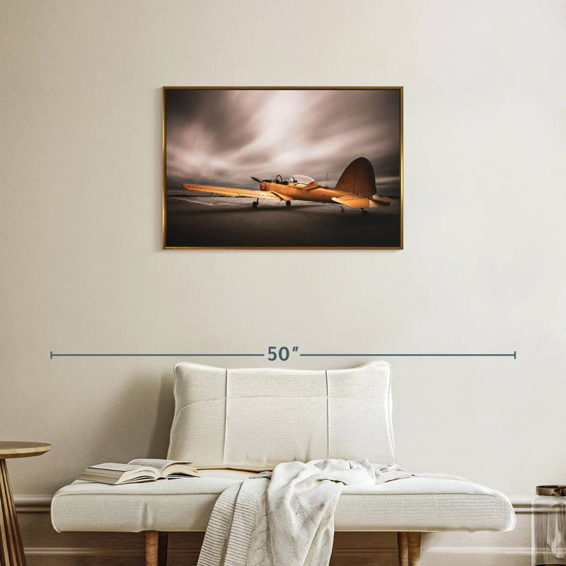Avion jaune rétro, Cadre flottant doré, 31 po x 21 po