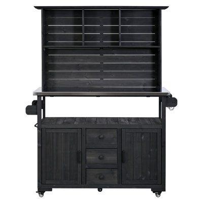 Banc de rempotage de 65 po de hauteur avec plateau en acier inoxydable - Poste de travail de jardin mobile avec 3 tiroirs et huche de rangement - Îlot de cuisine extérieur sur roulettes verrouillables 