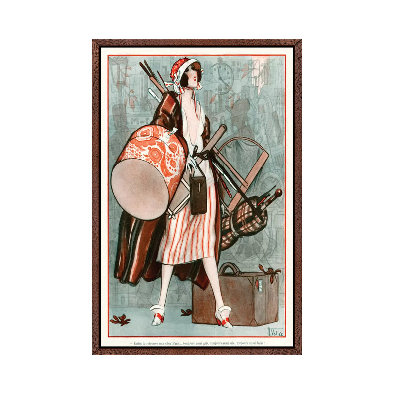 1920s La Vie Parisienne Magazine Plate by Armand Vallee - Print on Canvas, Classic Brown Wood Floater Framed