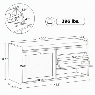 Banc de rangement pour chaussures de 42,5 pouces avec siège rembourré et portes en rotin
