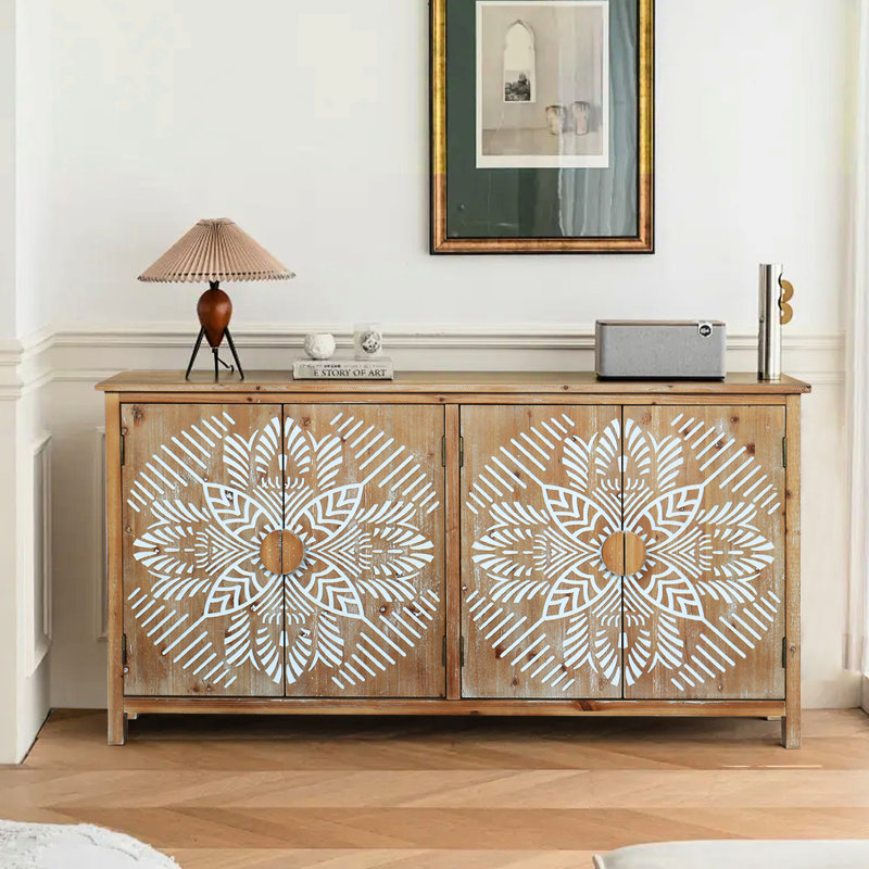 Armoire de 60 po en brun et blanc antique pour le vestibule, avec des motifs complexes de tablettes ouvertes