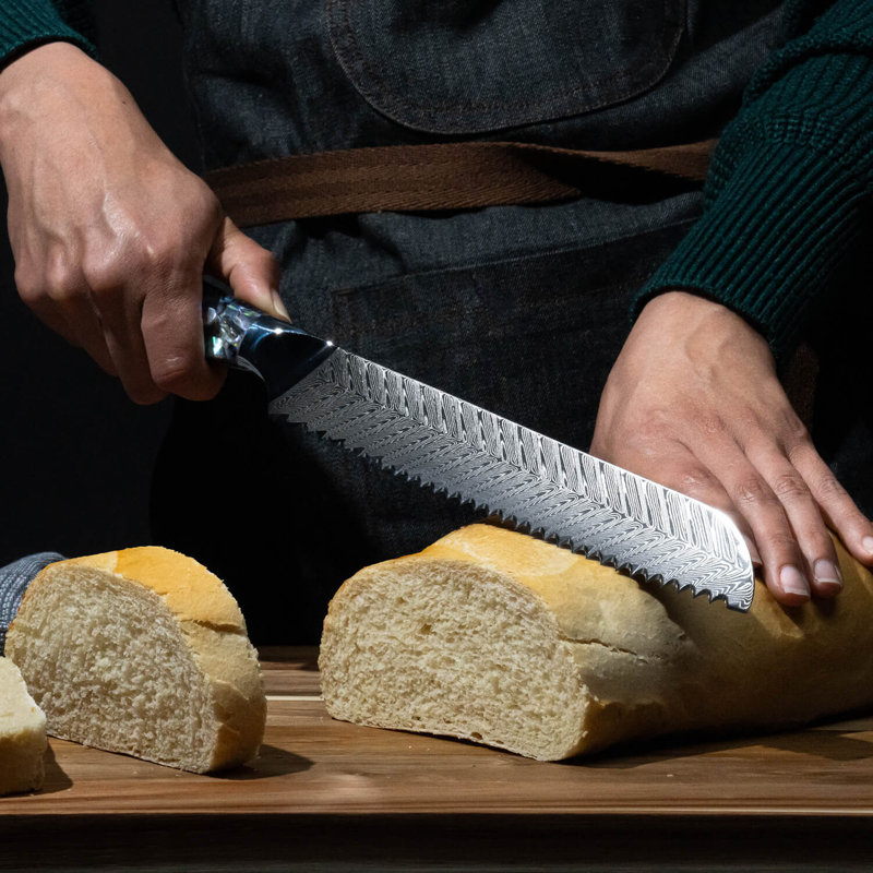 8" Damascus Steel Bread Knife with Real Abalone Shell Handle - Japanese VG10 67-Layer Damascus Steel - 8" Serrated Blade, Luxury Gift Box - Senken Knives