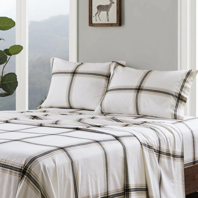 4 Pcs Queen Sheet 100% Cotton Flannel Tan Plaid Soft Velvet Feel Both Sides Brushed Twin/full 12" Queen/king/ King 14" Mattress Fit Machine Washable For
