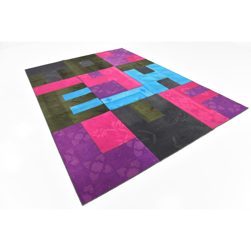 Tapis intérieur en laine rose/vert 7 pi 3 po x 10 pi one-of-kind à la main noué la new age Diredra