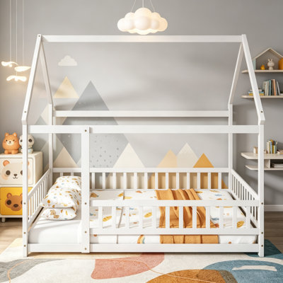 Lit au sol, lit d'enfant en forme de maison avec garde-corps complets, structure de lit en bois massif pour enfants, lit en bois pour jouer, lit plateforme pour enfants, lit pour enfants