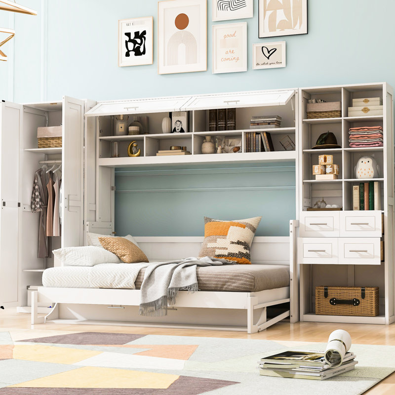 Lit double blanc avec tablette supérieure et deux tiroirs pour un espace de rangement mural