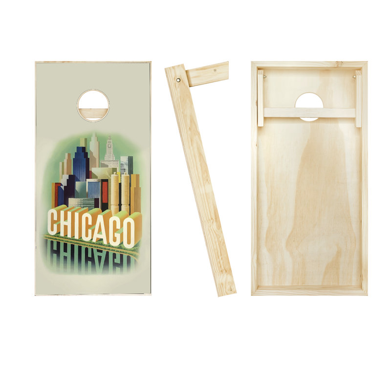 Ensemble de cornhole en bois massif avec sacs à affiche 2 pi x 4 pi Chicago, Rouge/noir