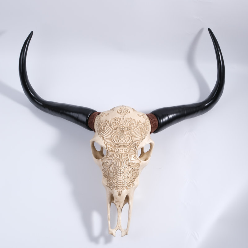 Maryona Bone-Inspired Bull Head Hanging Ornament in Resin Craft, Black;Ivory