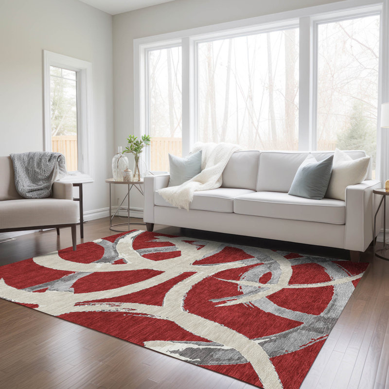 Red Synthetic Rectangular Washable 5' x 7' Area Rug