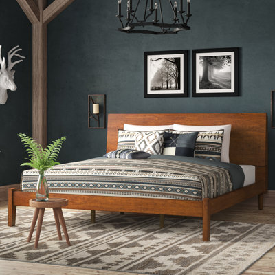 Boneva Mid-Century Modern Platform Bed Solid Wood Legs with 103° Inclined Storage Headboard and Charging Station