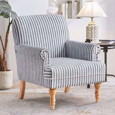 Striped Upholstered Wooden Chair with Rolled Arm