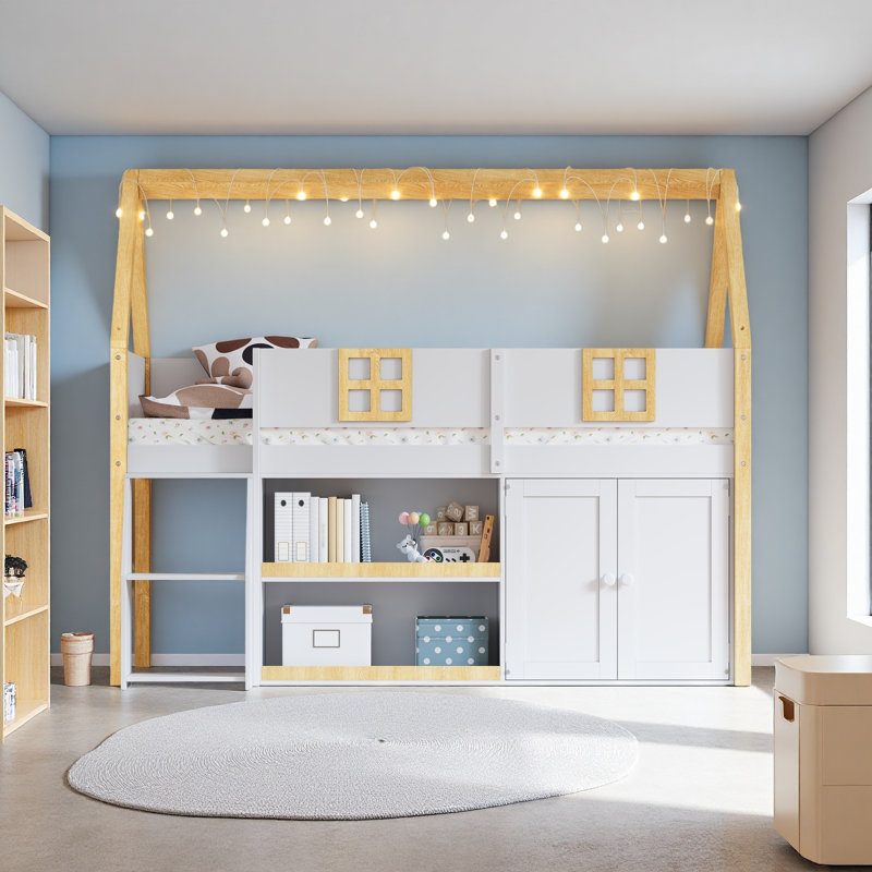 Lit mezzanine bas avec escalier, tablettes, armoires et lumières DEL, Full