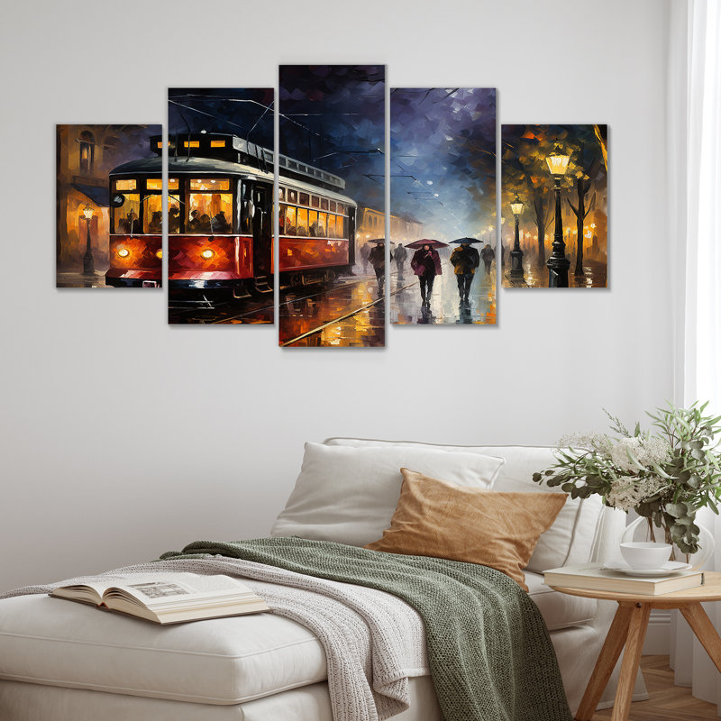 «Vintage Rainy Evening Paris - Train», art mural pour le salon, 5 pièces, H 32 po x l 60 po