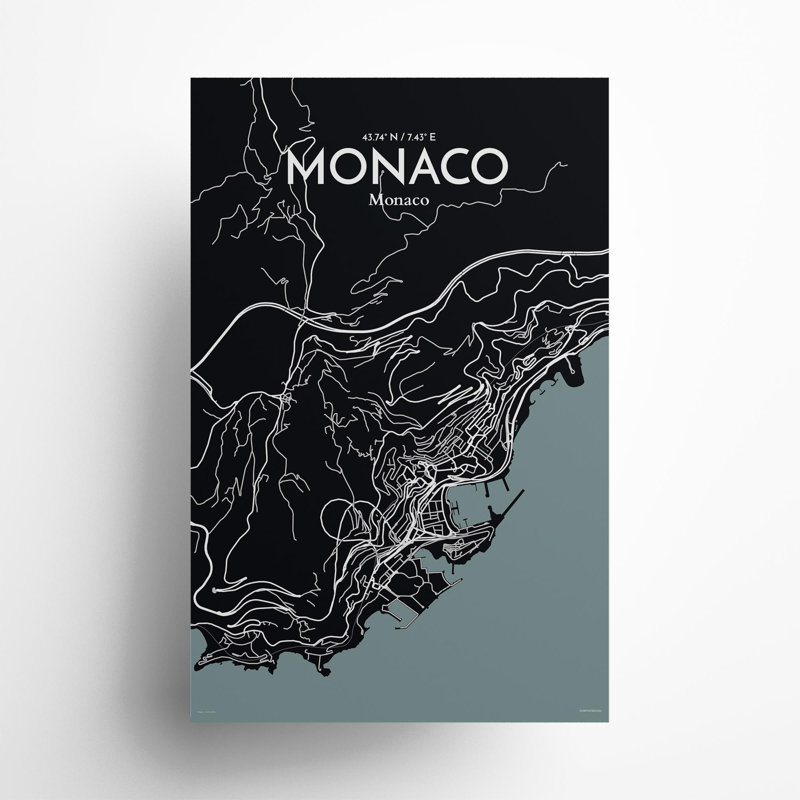 Monaco City Map In Midnight - No Frame Print, 17cm H x 11cm W x 0.05cm D