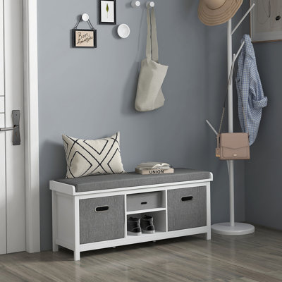 Banc à chaussures avec coussin, banc de rangement pour entrée avec siège rembourré, 2 tiroirs et tablette réglable pour le couloir, le salon, la chambre à coucher, blanc