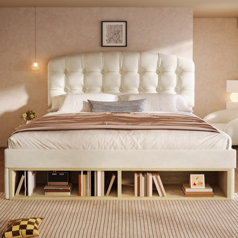 Estella Beige Velvet Upholstered 5Ft King Bed With Storage Compartments And Drawers With Adjustable Headboard,150 X 200 Cm (No Mattress)