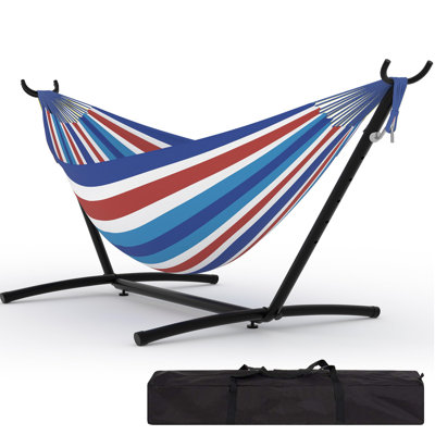 Hamac d'extérieur pour 2 personnes avec support, hamac robuste double capacité de 450 lb avec sac de transport, hamac portatif réglable pour patio, jardin, camping, bleu et rouge