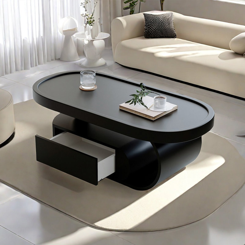 Modern simple oval shaped coffee table, Black, 16.5" H x 43.3" L x 23.6" W, Black