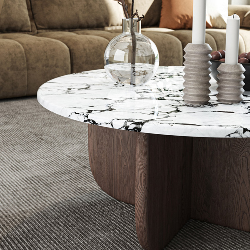 Table basse ronde en marbre crème, H 13,8 po x L 39,4 po x l 39,4 po, Brun