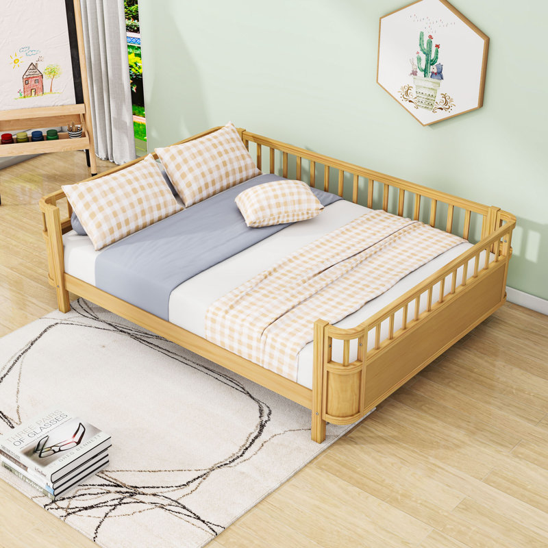 Wood Platform Bed with Safety Rails, Low Profile Design, Natural, Full