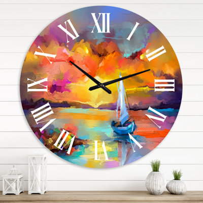 Peinture coucher de soleil avec reflets colorés II - horloge murale moderne