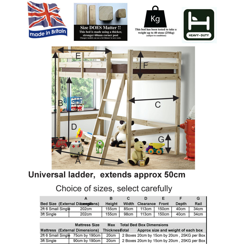 Rowena Mid Sleeper Loft Bunk Bed, Single HEAVY DUTY(3')