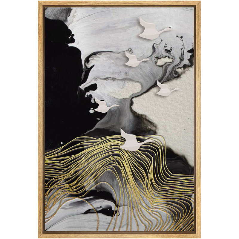 Golden Line Art Smoke & Wavy Paint Landscape Abstract Artwork Modern Art Contemporary Scenic, reproduction d'art sur toile