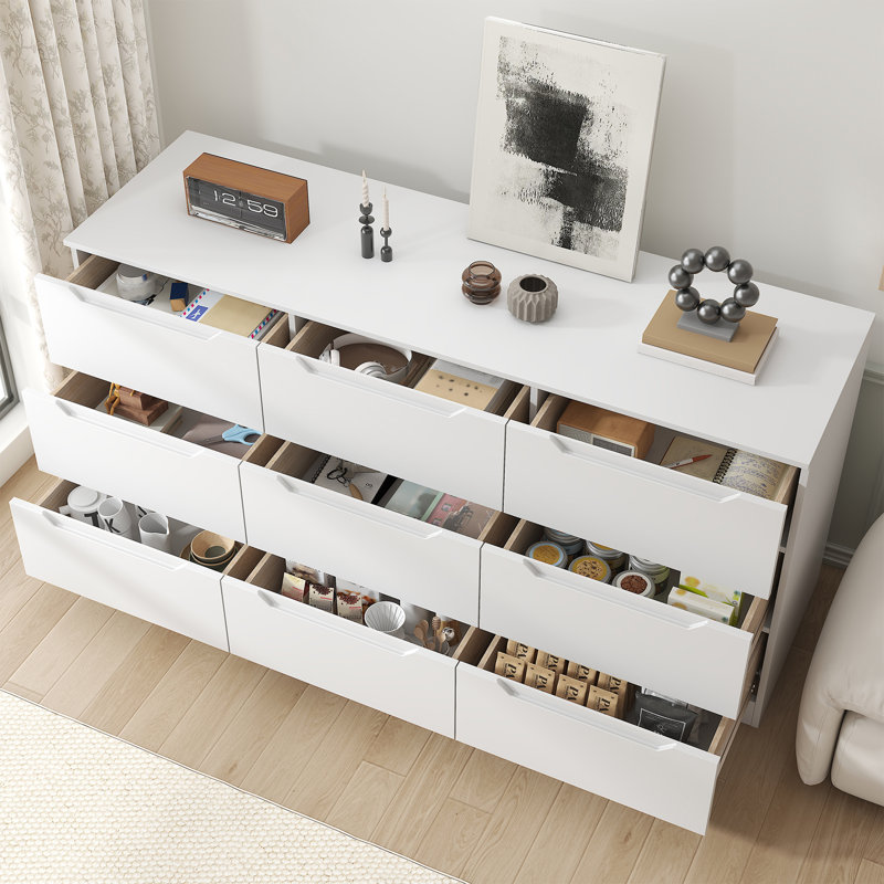 9 Drawer  Dresser, Modern Storage Cabinet for Bedroom, Chest of Drawers Wood Organizer for Living Room, White