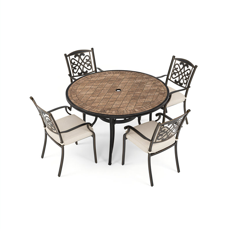  Outdoor 5-Piece Patio Dining Set with Tile Top Round Table, 4 Cast Aluminum Dining Chairs, Beige