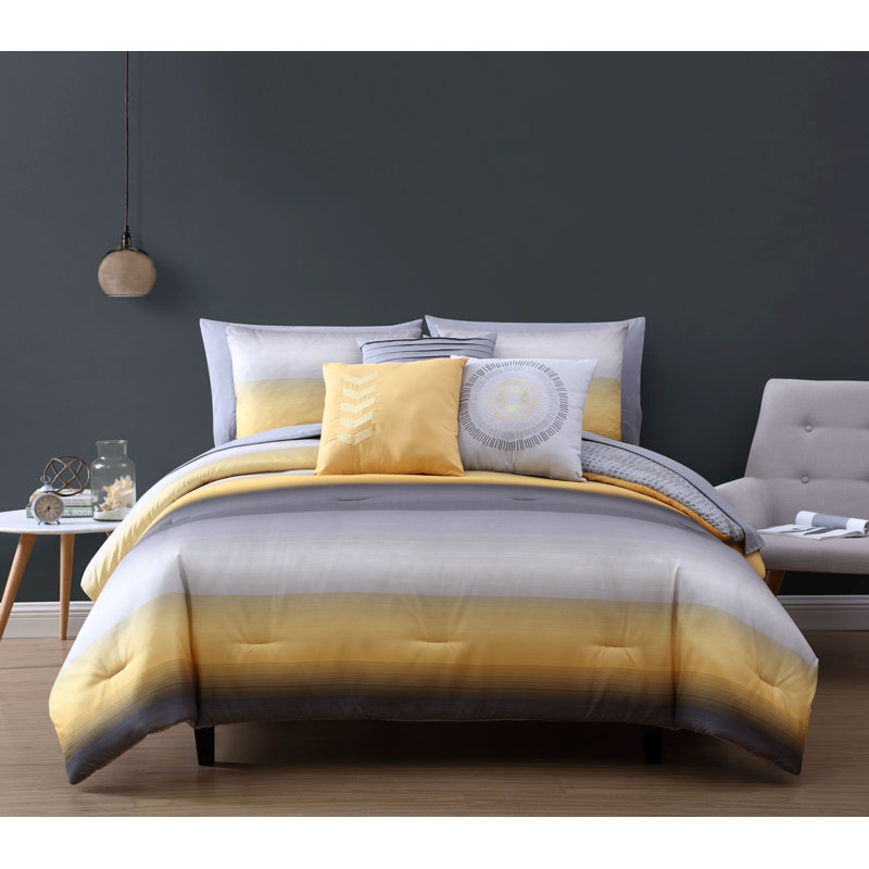 Ensemble d'édredon réversible en microfibre , Très grand édredon + 9 pièces supplémentaires, Jaune/gris