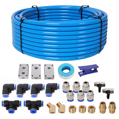 Air Push To Connect Kit: Complete 1/2" (OD) / 3/8" (ID) X 100-Feet TPEE Tubing Air Piping System,Blue Tubing