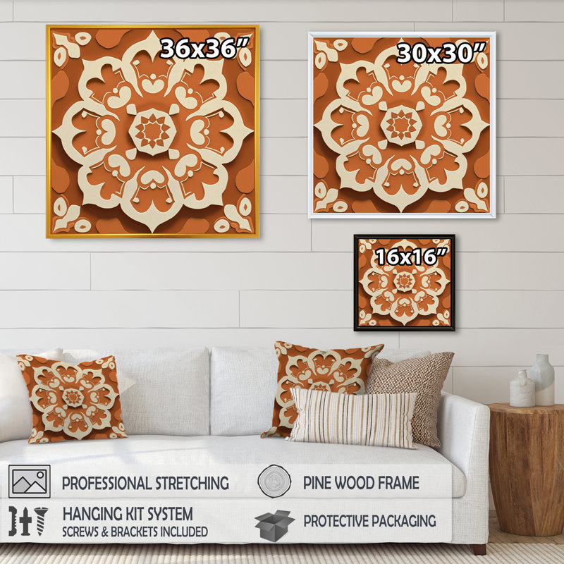 Carreaux marocains en tons de terre I - reproduction sur toile, H 36 po x l 36 po x P 1,5 po, Toile avec cadre flottant or