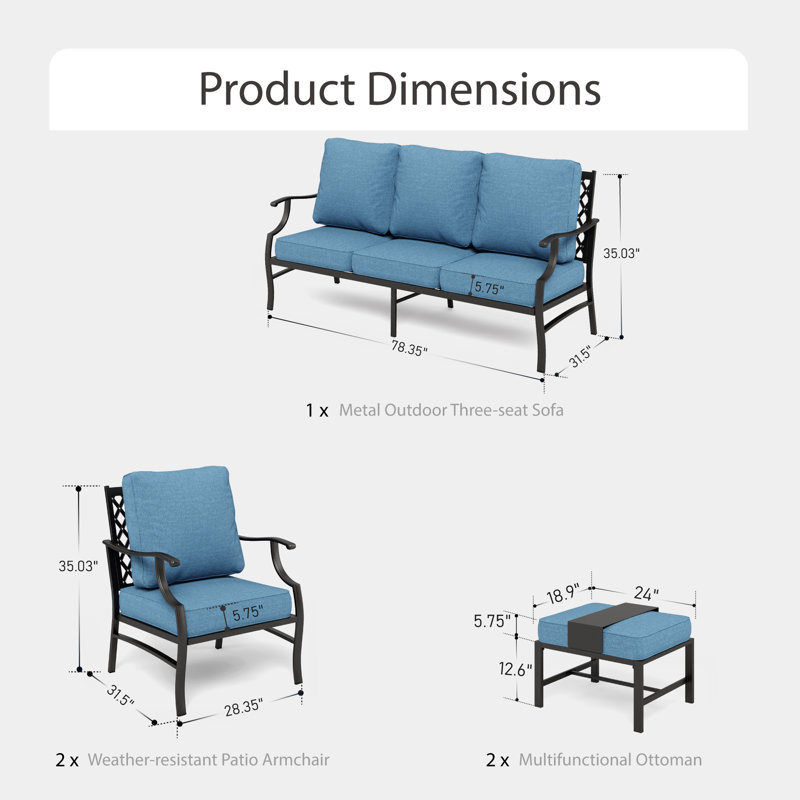 Asfand Outdoor Seating Group with Cushions, Denim Blue, No