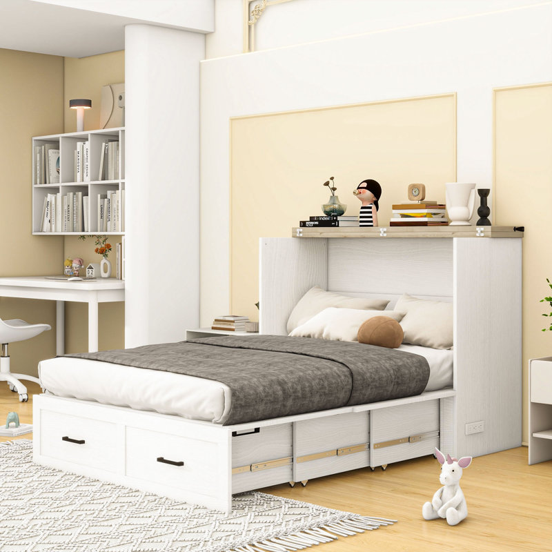 Queen Size Farmhouse Murphy Cabinet Bed with Charging Station, Foldable Platform Bed with Large Storage Drawer for Guest-Room, Small Bedroom