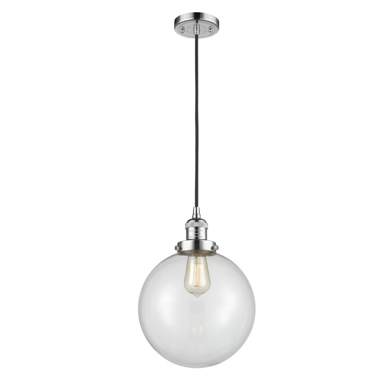 Luminaire suspendu sphère simple à 1 lumière Clermont, Chrome poli, Transparent, Ampoule incandescente rétro de 60 watts
