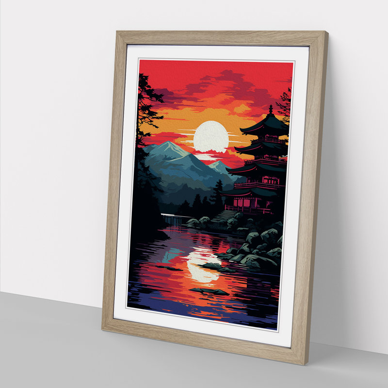 Japanese Sunset Pop - Single Picture Frame Print on Wood, 46cm H x 34cm W x 2cm D, Oak Framed