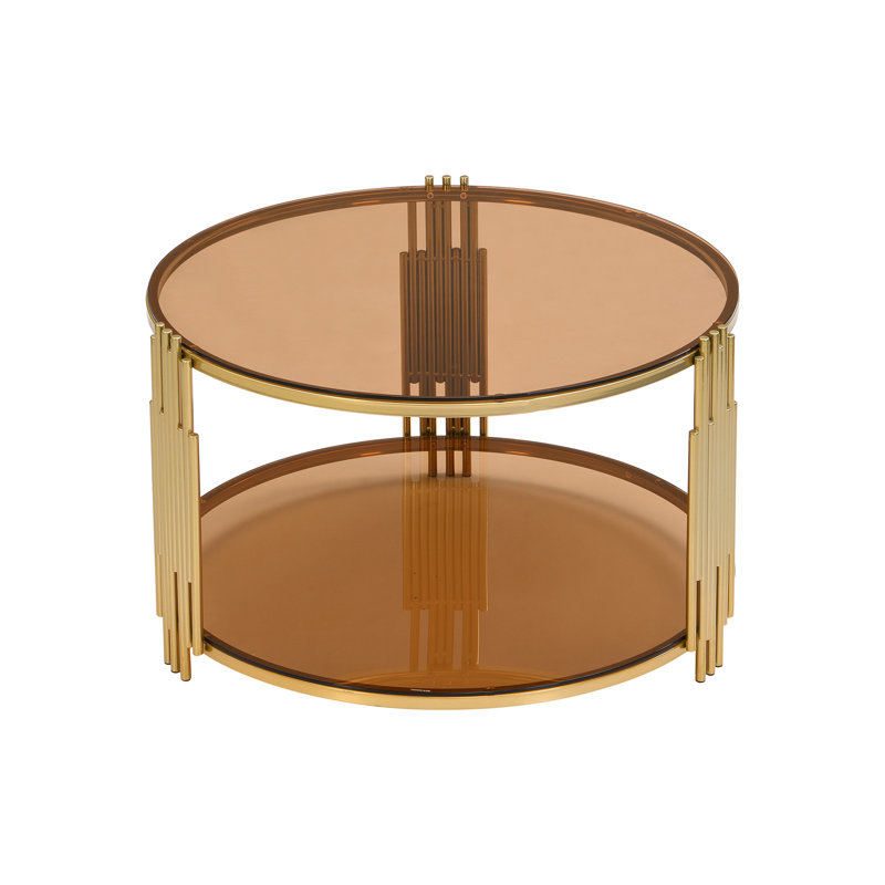 Table basse moderne en verre brun, métal asymétrique, base cylindrique en métal, finition dorée et tablette inférieure
