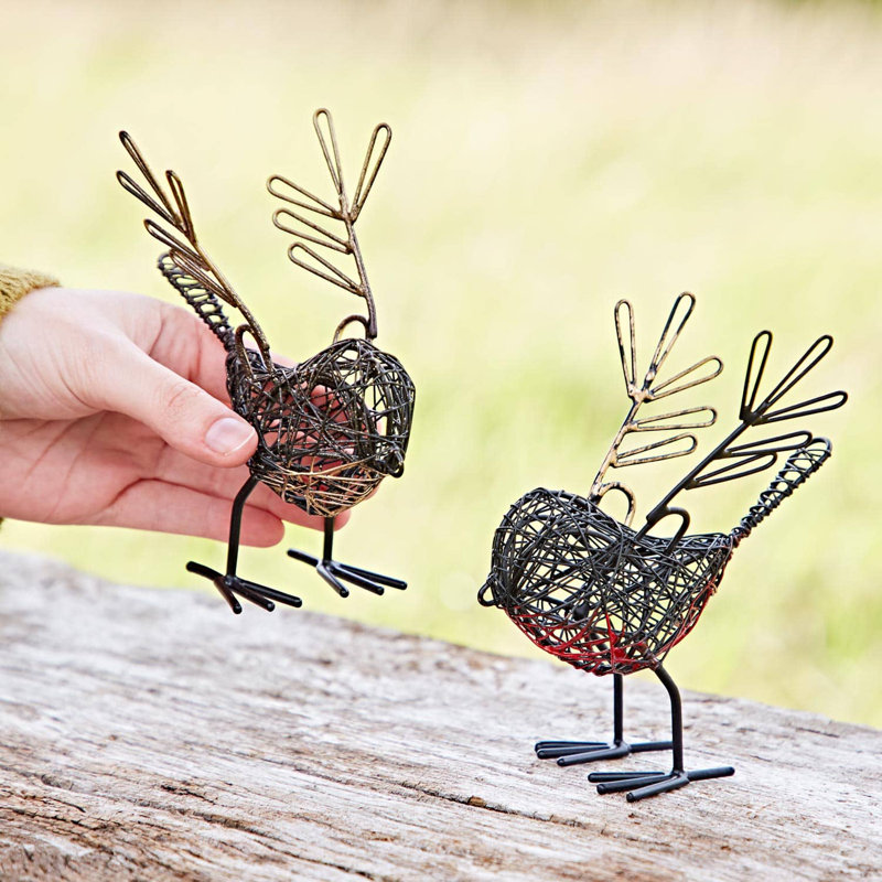 Set of Two Small Wire Winged Robin Decorative Ornament