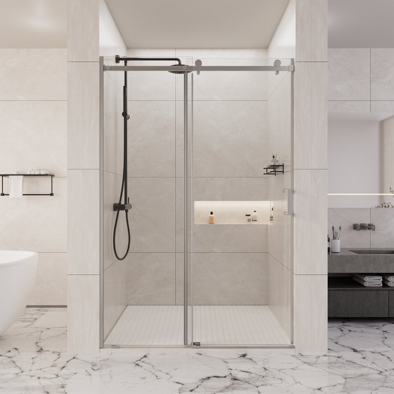 Porte de douche coulissante simple sans cadre l 48 po x H 72 po en argent avec verre trempé transparent de 1/4 po