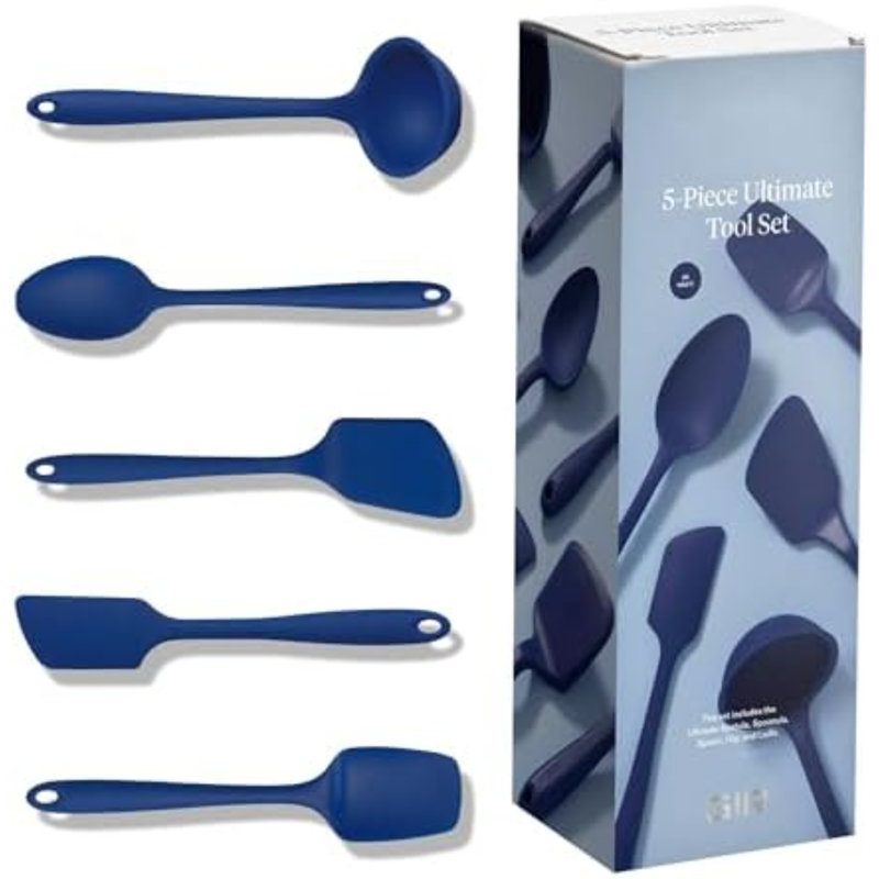 Ensemble de 5 ustensiles de cuisine en silicone – louche, spatule, pince, cuillère et cuillère-cuillère – Ustensiles de cuisine non toxiques pour poêles antiadhésives, cuisson et pâtisserie – Bleu marine